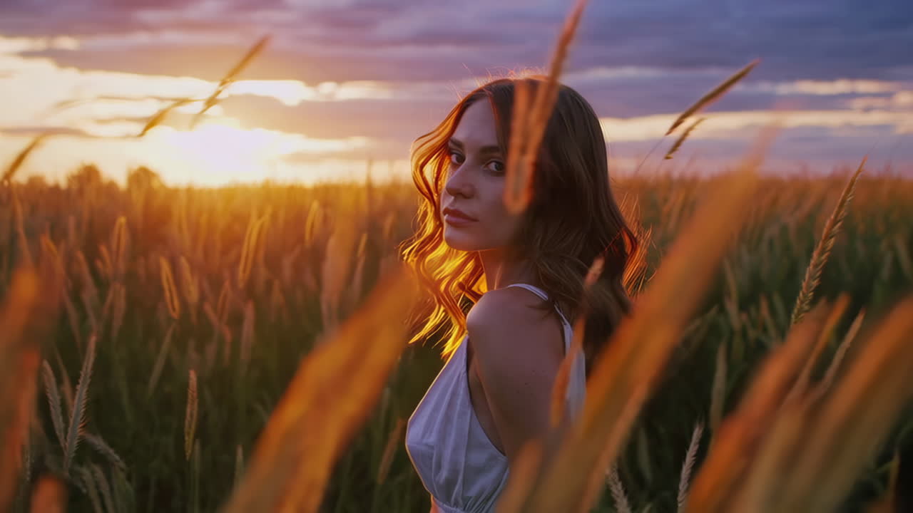 Woman in white dress in a field at sunset