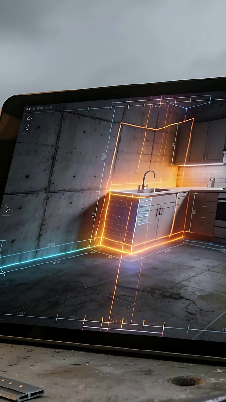 Video verticale: guida al neon che appare su un tablet su una panchina, mostrando il dimensionamento 3D di un'isola cucina con USB