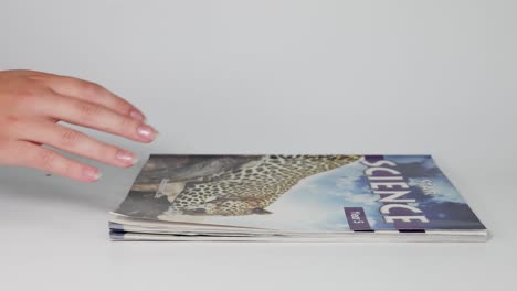 hands organizing books on a white surface