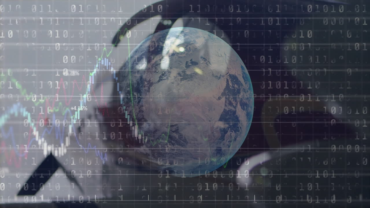 Digital Earth globe being animated over binary code and financial charts, showing desk silhouettes