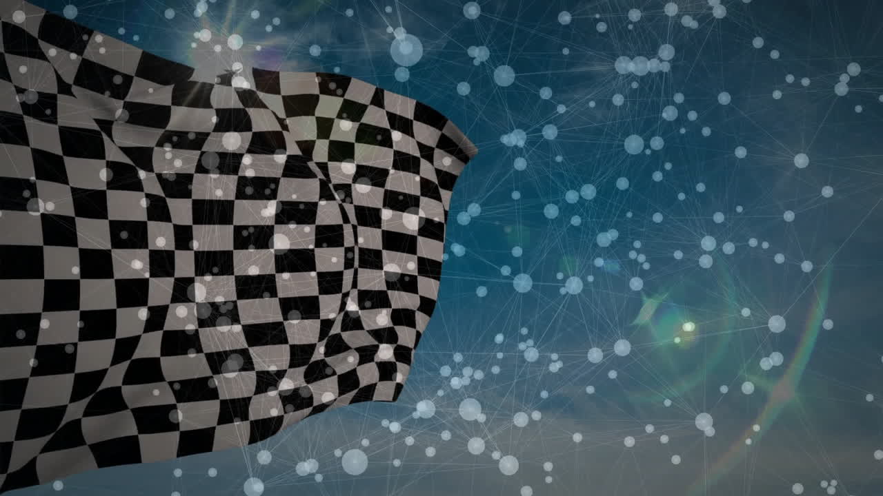 Checkered racing flag billowing across left half, overlaying transparent network nodes and lines