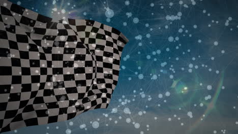 checkered racing flag billowing across left half, overlaying transparent network nodes and lines
