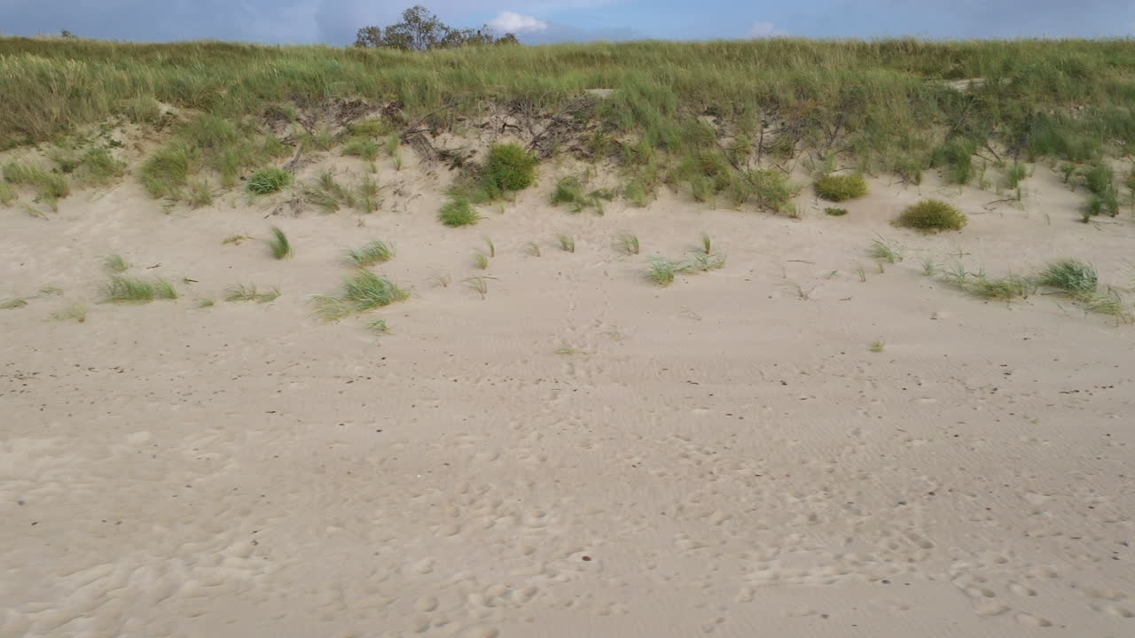 공중: 해변 모래와 풀로 인 언덕의 파닝 과 파란 하늘