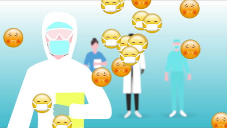 여러 얼굴 이모지 (face emojis) 가 푸른 색상 배경에 의료 의료 종사자 아이콘 위에 떨어집니다.