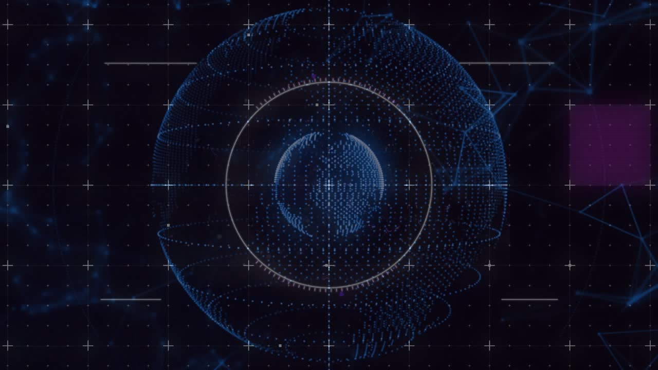 On start globe pulsing rotating then panel fading magenta beam scanning data then gauge vanishing