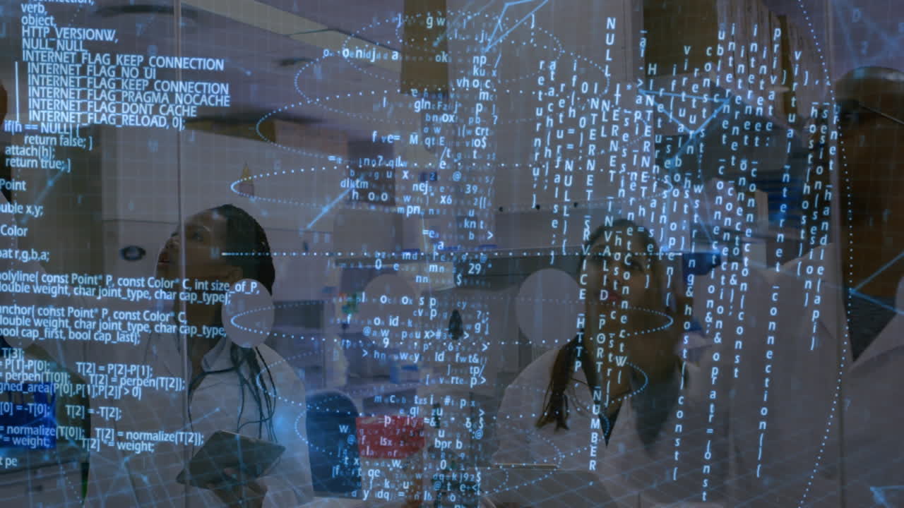 Digital code and data processing animation over diverse people working in office