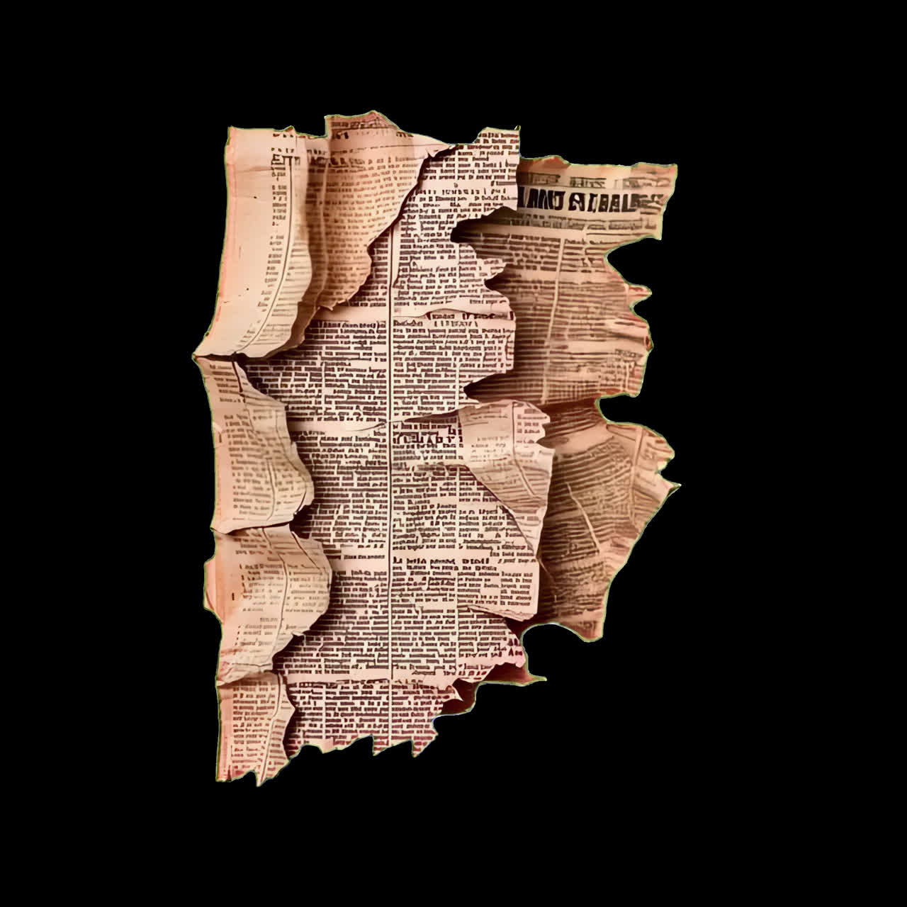 Vintage torn newspaper collage animation isolated asset, transparent 4K video, alpha channel, ProRes