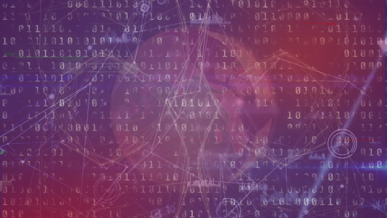 animación de globo y gráfico móvil y puntos conectados con líneas a través de código binario en bucle