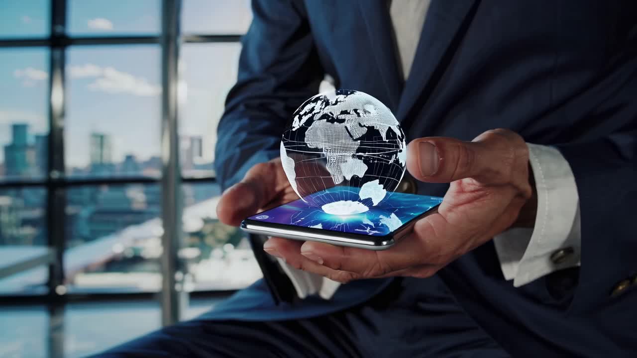 Businessman displaying a holographic globe on a smartphone