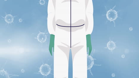 animation of doctor wearing face mask icon over covid 19 virus cells on blue background