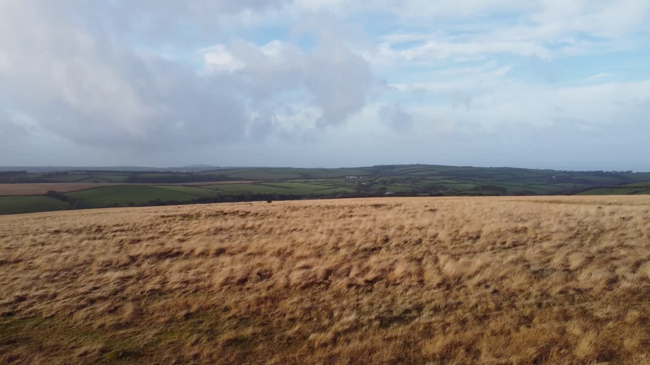 вид с воздуха, летящий вперед, с полями и фермерскими домами вдали, с панорамированием в сторону солнца великобритания 4k