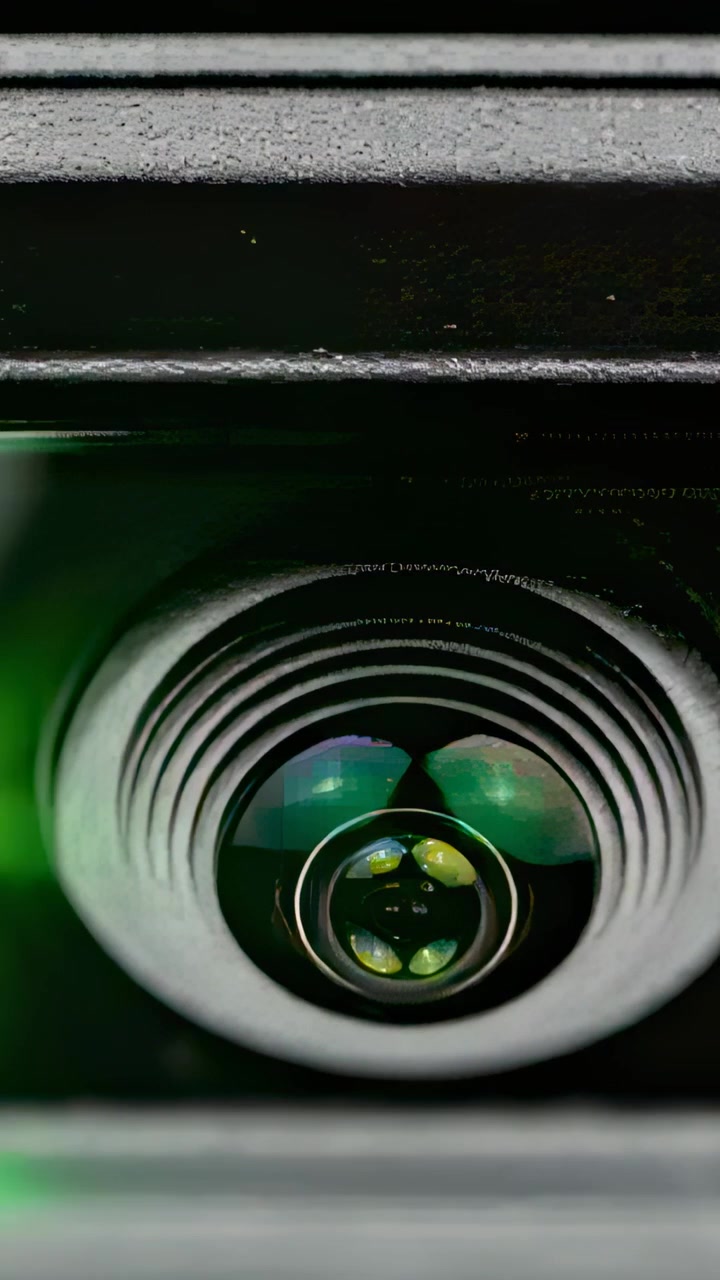 Vertical video: Showing camera lens reflecting green glints from off-frame light, dark bezel