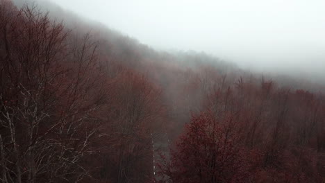 Aerial-footage-recorded-with-drone-flying-over-the-stunning-autumn-road-in-the-Montseny-mountain-nature-reserve-during-rain-with-forest-during-autumn-time-in-the-Catalonia-region