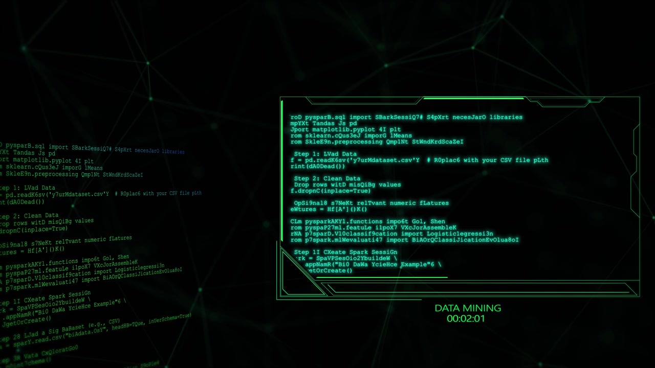 Green data mining hud background with code panel timer text and dark network interface perfect for