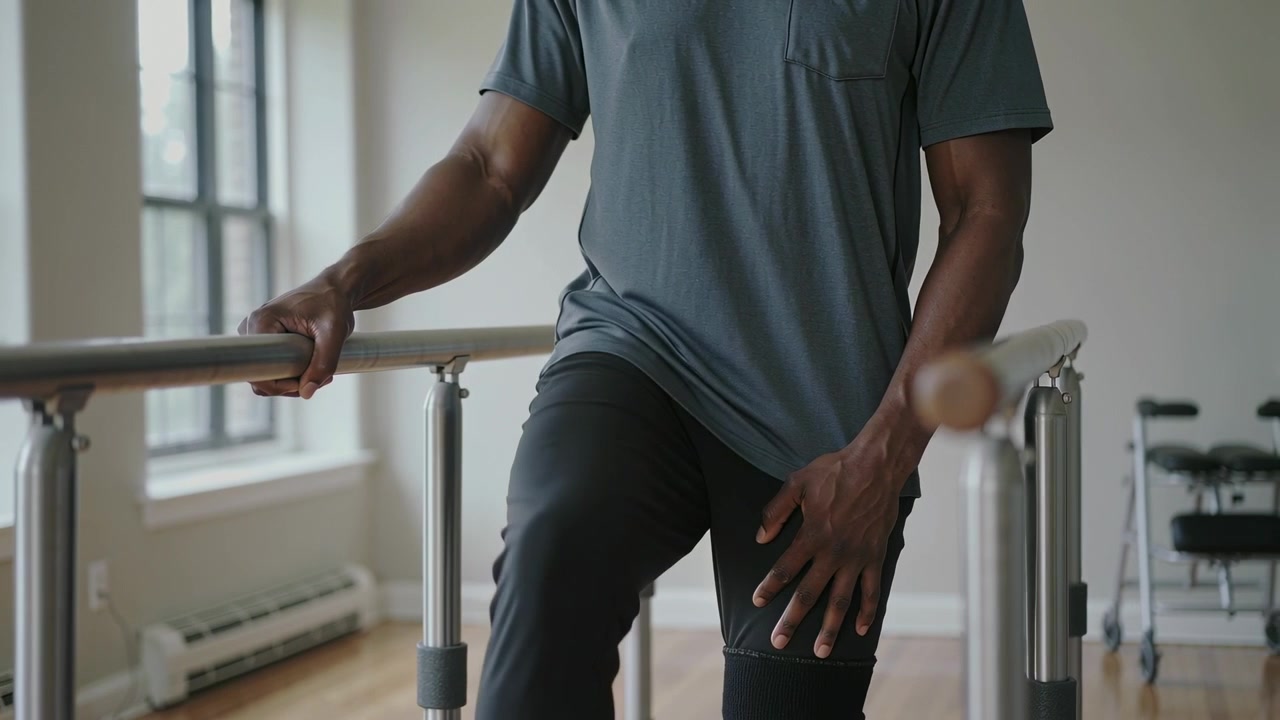 Shifting weight, patient practicing walking in therapy room along bars near walker