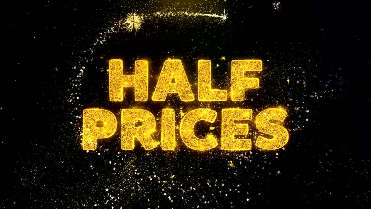 금 입자 불꽃놀이 디스플레이의 절반 가격 텍스트.