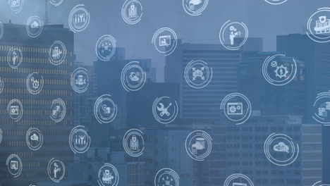 animación de múltiples iconos digitales y puntos de luz contra la vista aérea del paisaje urbano