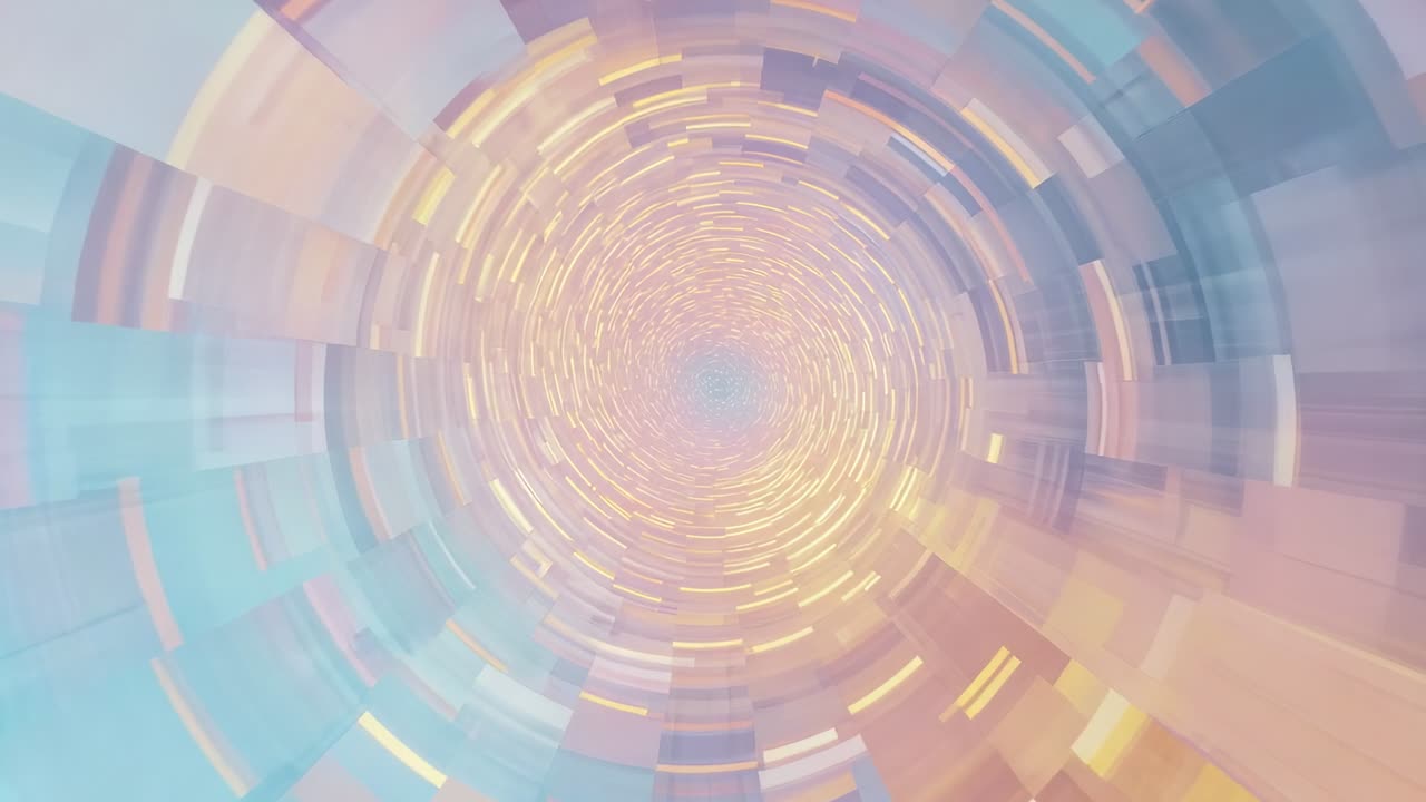 Advancing camera capturing rotating teal panels swirling gold orbs in digital tunnel forming vortex