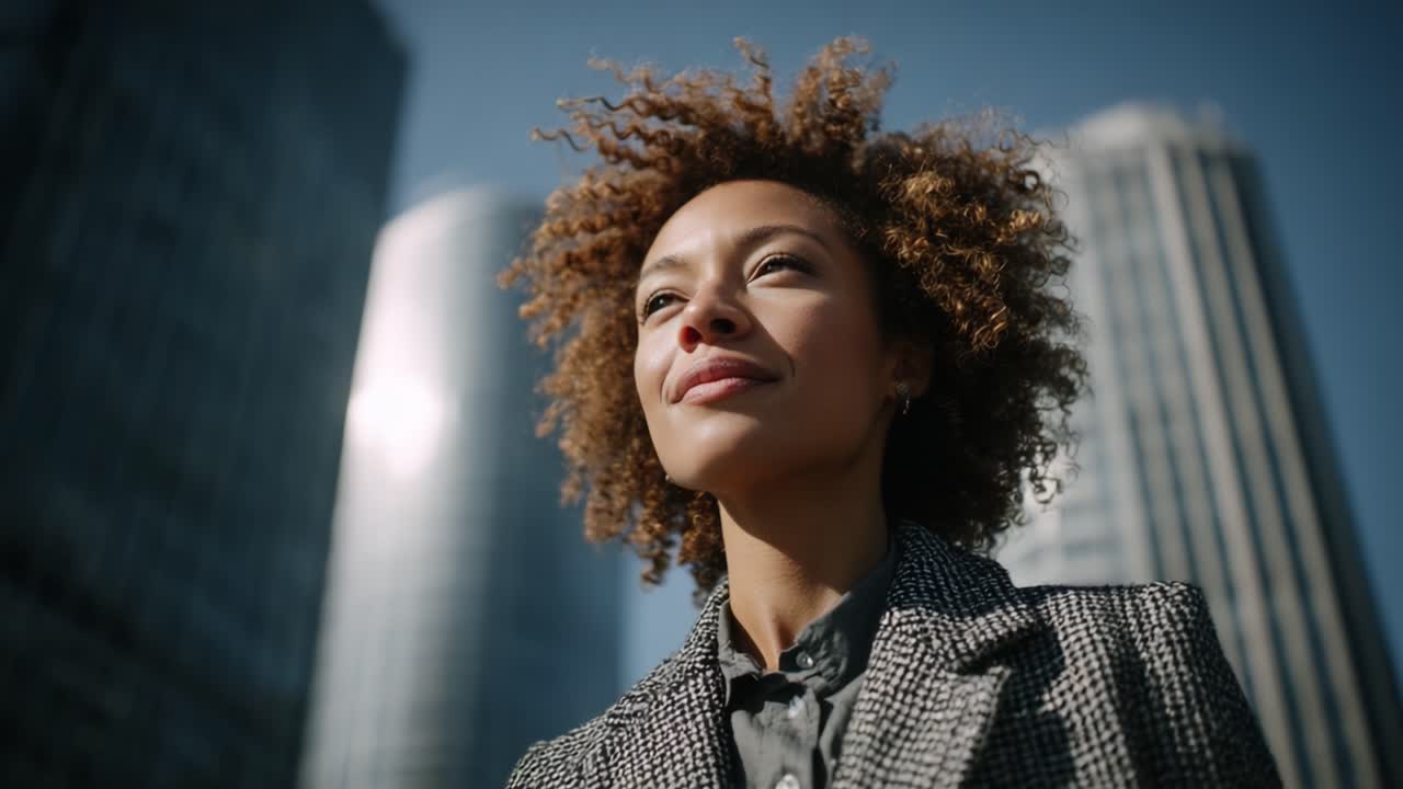 A confident young woman with curly hair gazes upward against a backdrop of modern skyscrapers, embodying ambition and a bright future in an urban environment