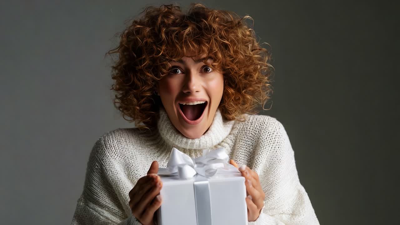 A joyful moment of surprise and excitement as a young woman reveals a beautifully wrapped gift, celebrating the thrill of giving and receiving presents during special occasions