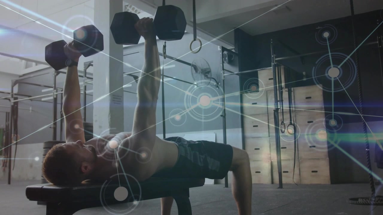 Man on bench initiating push with dumbbell, pressing for fitness, nodes highlighting chest sweeping