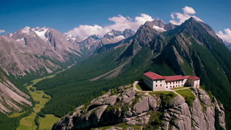 alpine hut perched on a mountain peak