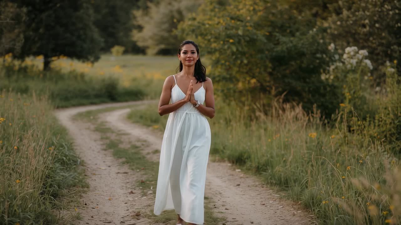 Una donna che cammina in abito bianco con le mani giunte al petto, su un sentiero sterrato in un prato durante un servizio fotografico.