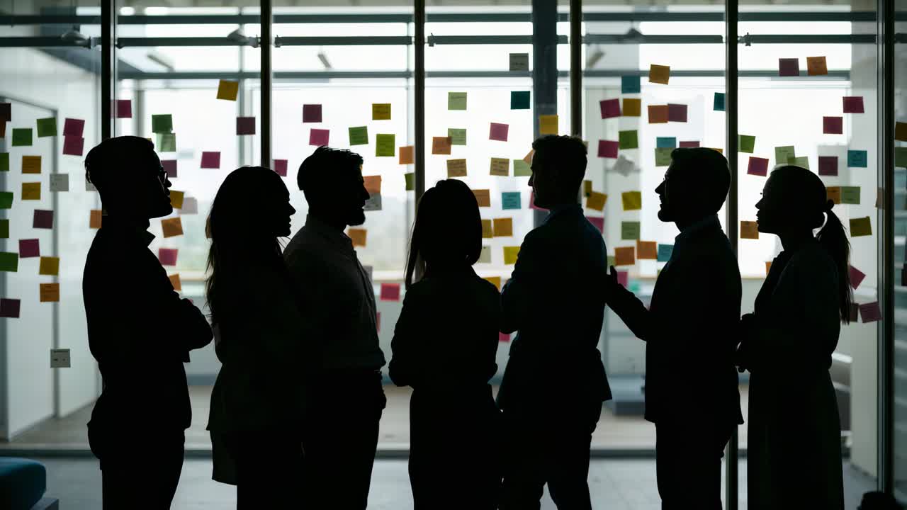 Standing seven staff in suits following central gesture, reviewing post-its on glass wall in office