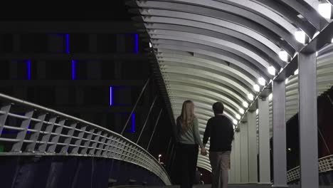 loving young couple, walking, kissing, bridge location, night scenery