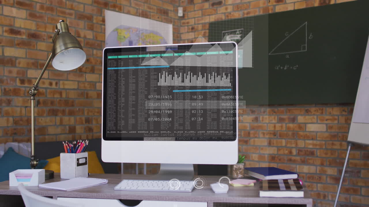 All-in-one computer monitor displaying code and charts being animated in flat scene with brass lamp