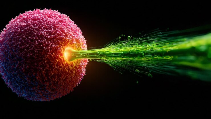 Fantastisk visualisering af celleinteraktion: En animeret repræsentation af en levende, pink celle, der reagerer på stimuli med dynamiske, grønne partikler, der udsendes fra kernen