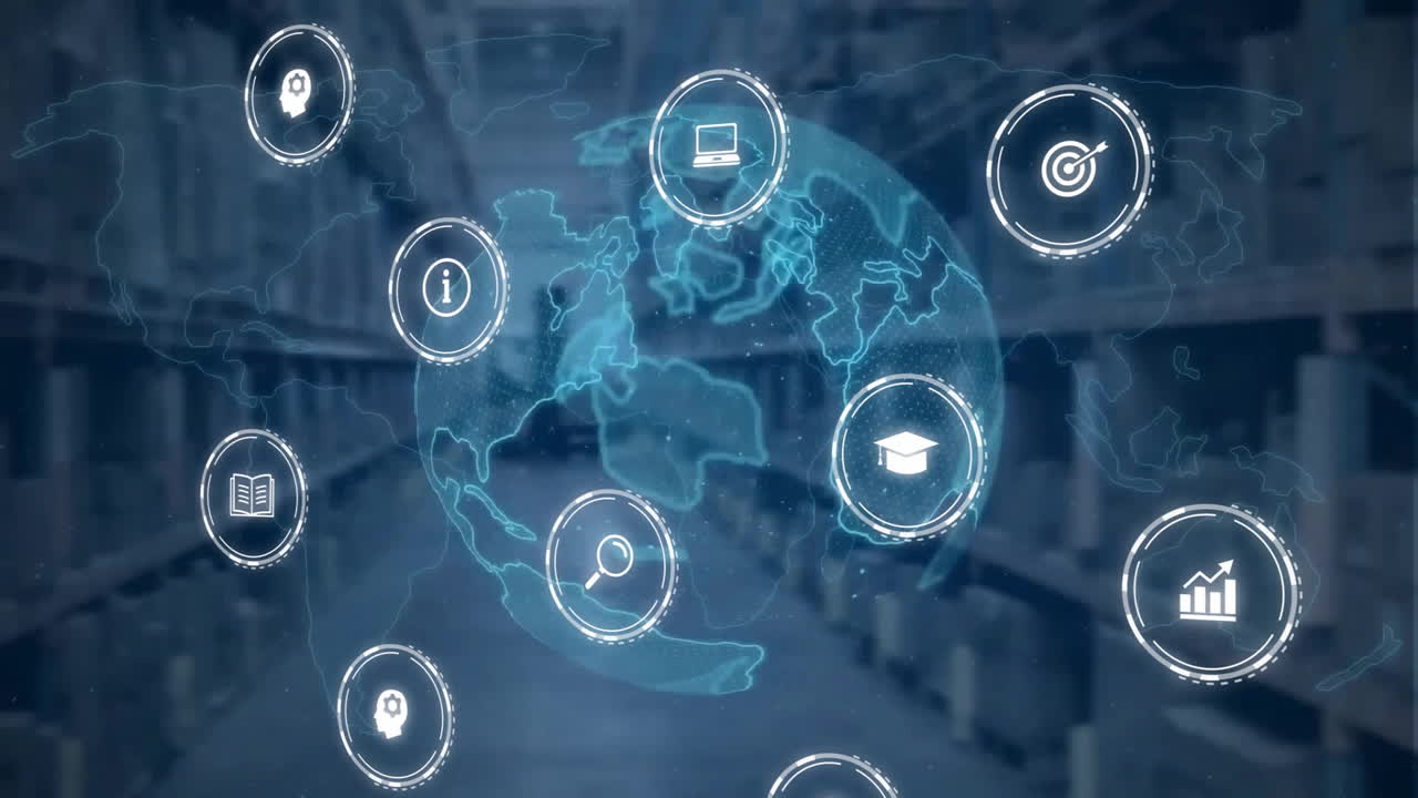 스 스캐닝과 세계 지도와 함께 창고 위의 세계 지구의 아이콘의 애니메이션