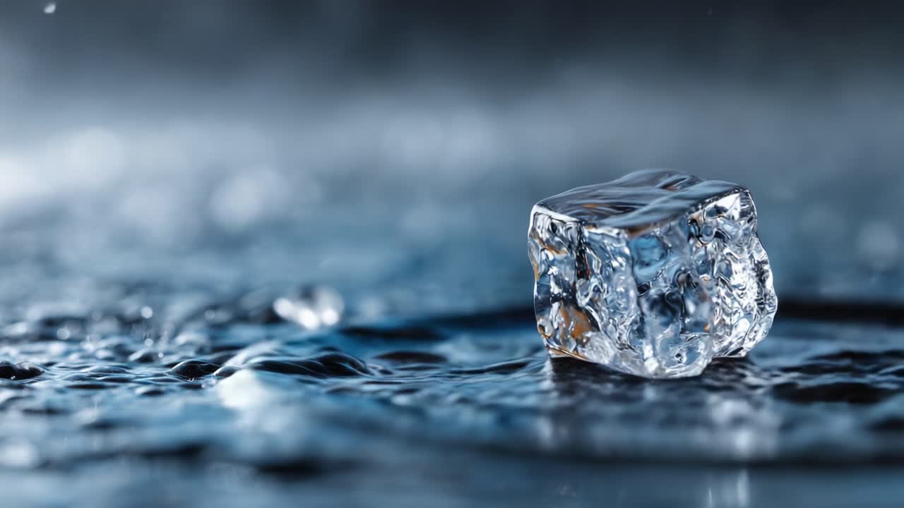 Il Viaggio Mozzafiato di un Cubetto di Ghiaccio: Schizzi e Riflessi Accattivanti nell'Acqua, Catturando la Bellezza della Natura in Movimento e le Complessità dell'Interazione Liquida