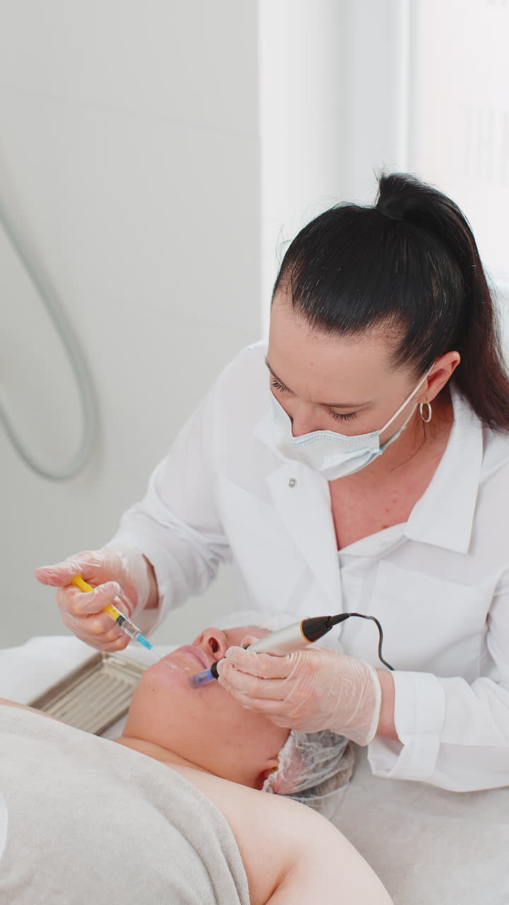 cosmetólogo haciendo el procedimiento de peeling, regeneración de la piel de la mujer, dermapen microneedling, dermastamp