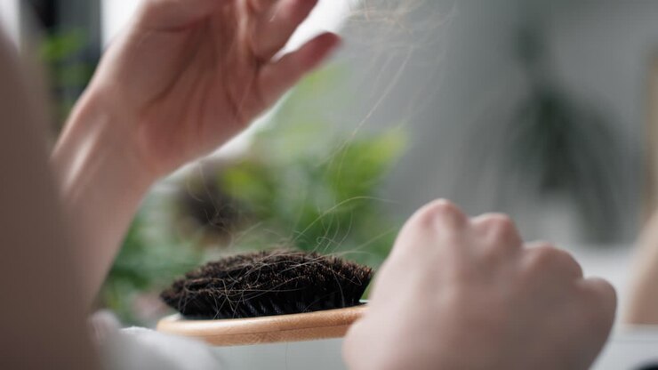 Close up of woman holding hairbrush with many hair on it.