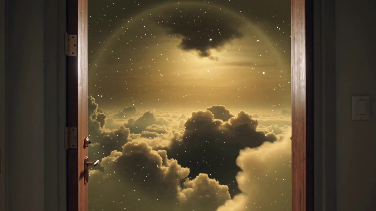 Opening wooden door revealing golden portal morphing into luminous clouds at foyer, handle light