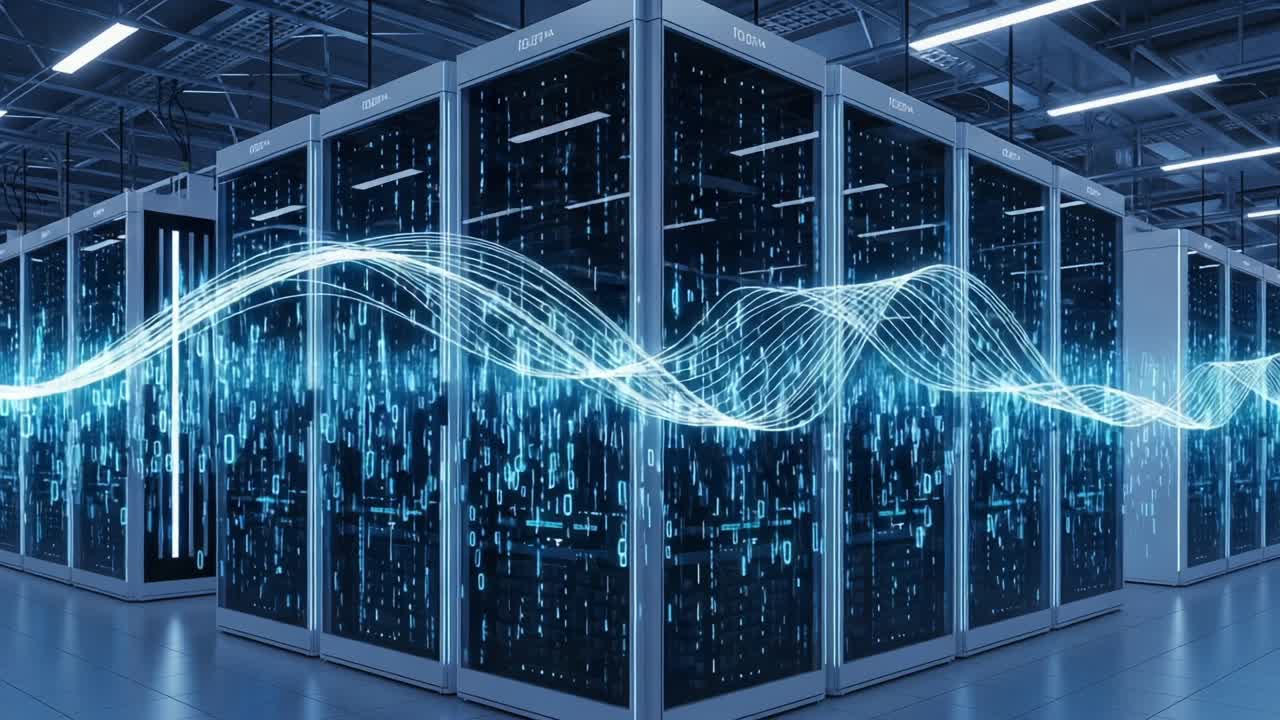 A Glimpse into the Future of Data Processing: Captivating Visuals of a Modern Data Center with Dynamic Digital Waves and High-Tech Server Racks