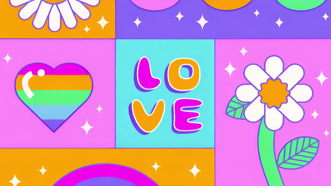 Vibrant Pop Art Collage with Love, Heart, and Flower Motifs