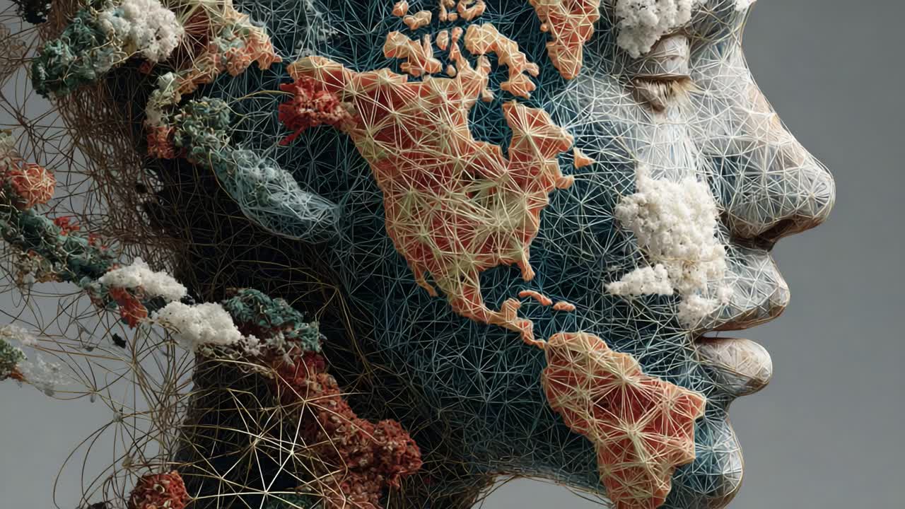 Abstract animation showing the profile of a woman's face blending with a textured world map, symbolizing humanity's connection with the planet, environmental consciousness, and global unity