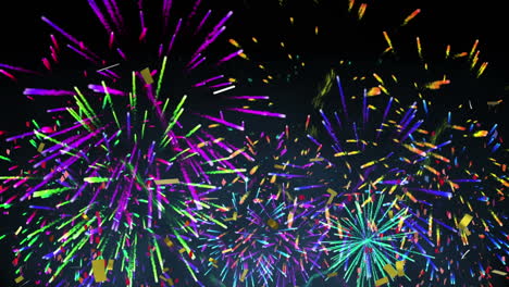 animation of multi coloured confetti and fireworks exploding on black