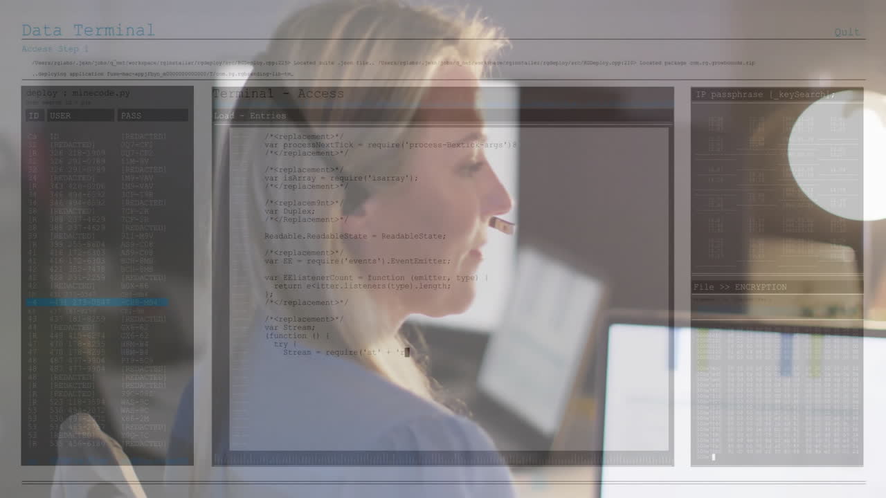 Mature woman wearing headset focusing on tech desk, showing terminal windows with encryption code