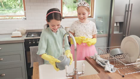 children, water and cleaning dishes in kitchen