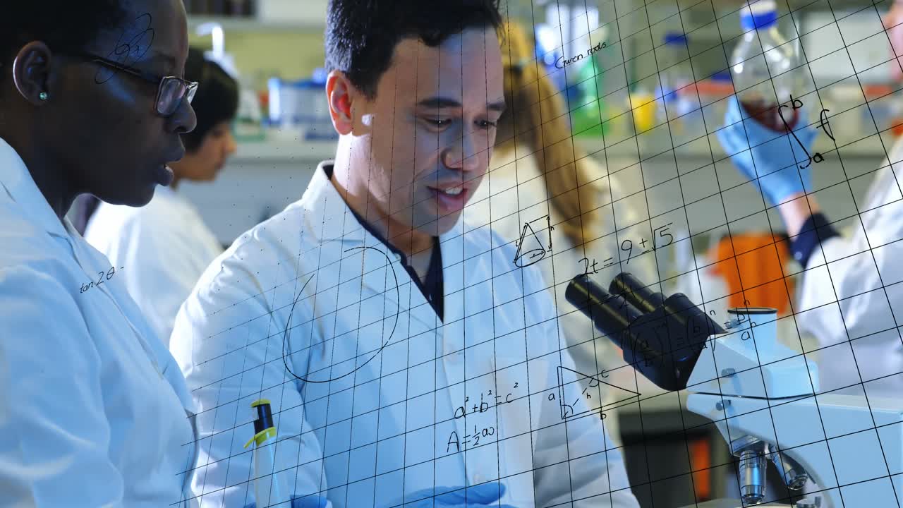 실험실에서 다양한 과학자들의 그룹에 대한 수학적 방정식의 애니메이션