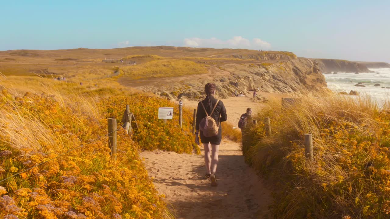 A person walks along a sandy path lined with golden coastal grass toward the cliffs overlooking the rough, powerful waves of the Atlantic Ocean. Captures the rugged, wild beauty of Quiberon, France