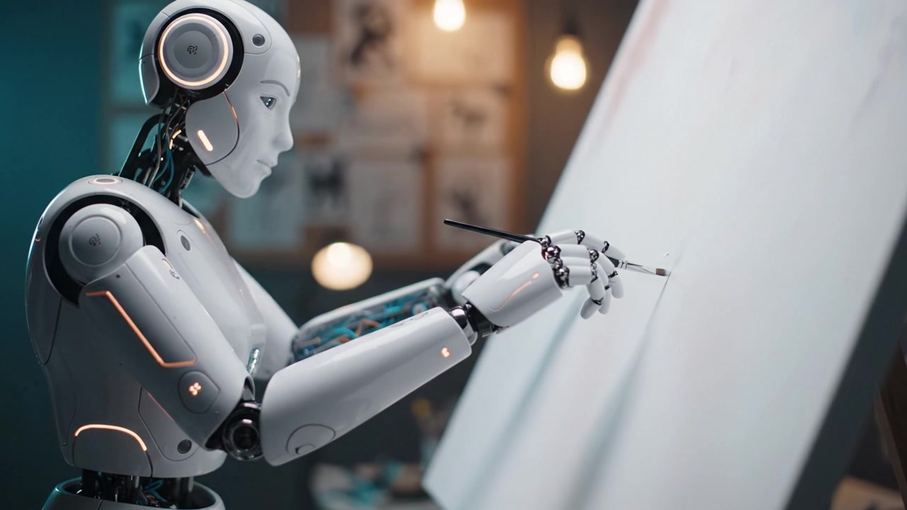En futuristisk robotkunstner maler yndefuldt på et lærred, hvilket fremviser avanceret teknologi flettet sammen med kreativitet i et moderne studiemiljø