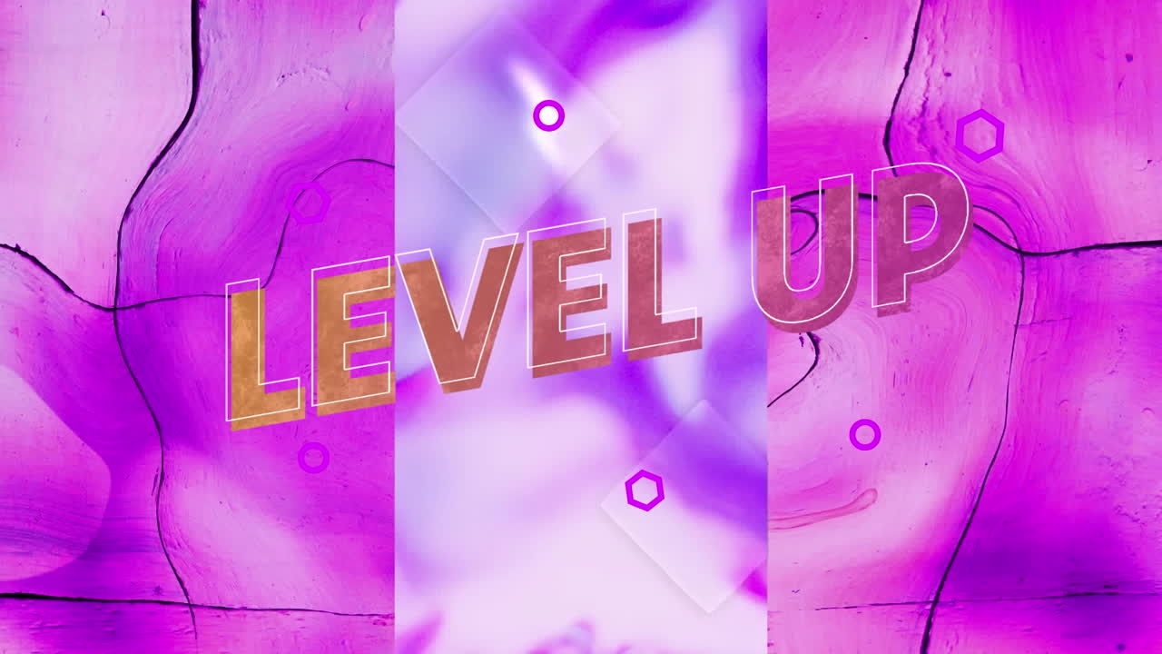 분홍색과 보라색의 액체 배경 위에 오렌지색으로 레벨 업 텍스트의 애니메이션