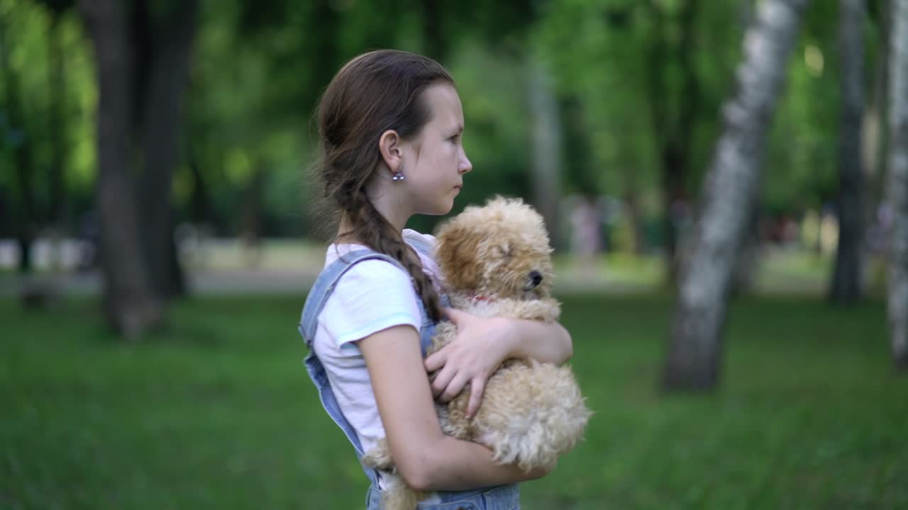 어린이 소녀가 야외에서 장난감 푸들 개와 놀고 있습니다.