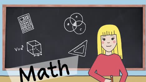 Animation-Eines-Lernenden-Mädchens,-Eines-Mathe-Textbanners-Und-Mathematischer-Konzeptsymbole-Auf-Der-Tafel