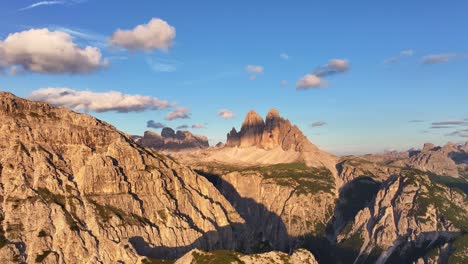 aerial view of the tre cime di lavaredo dry arid mountain peaks landscape in the sexten dolomites of northeastern italy