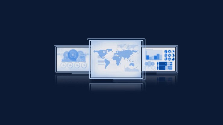 Animation of screens with world map and data processing on blue background